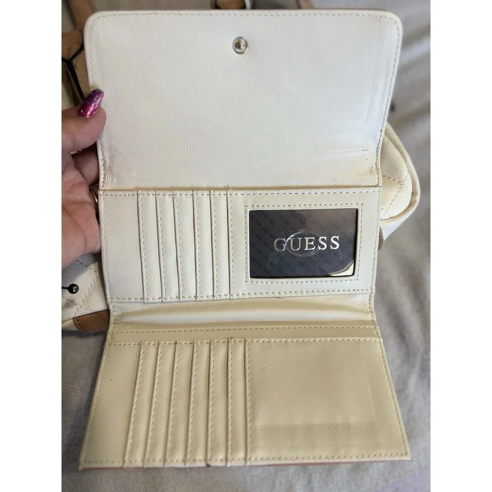 Guess Satchel Hand Bag Quilted Cream & Matching Wallet Set 2pc Logo Adj Strap